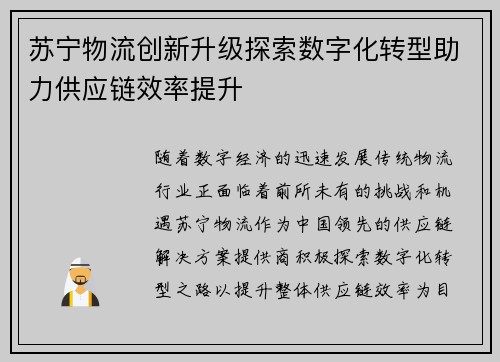 苏宁物流创新升级探索数字化转型助力供应链效率提升